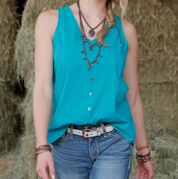 Cruel Denim Teal Cut Out Back Sleeveless Top Teal Button Tank Top - Picture 3 of 13